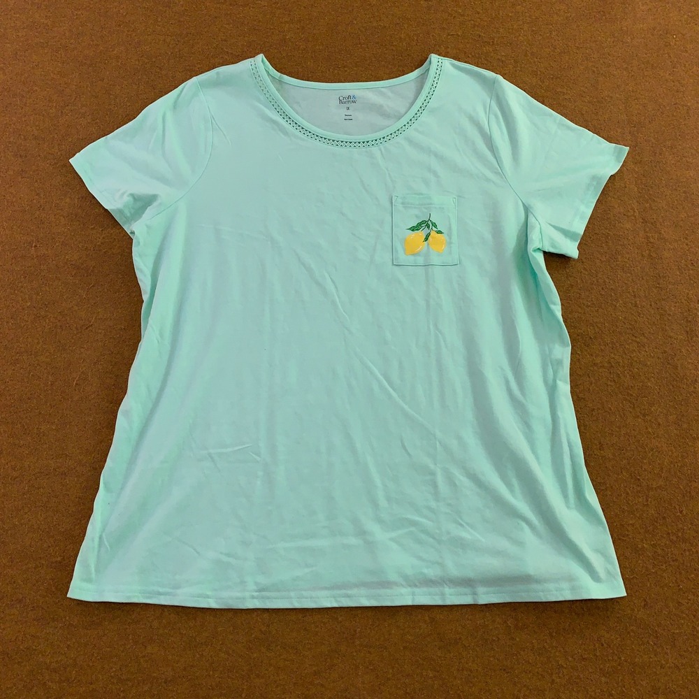 Croft & Barrow Womens 1X Mint Lemon Pocket Crochet Trim Sleepwear T-Shirt New